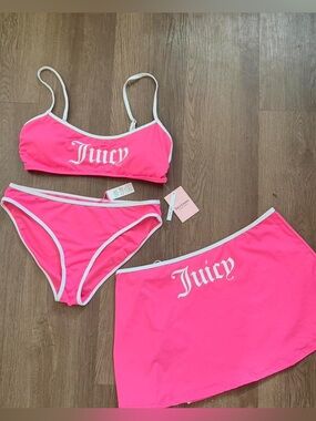 Juicy Couture Neon Pink Bikini Top, Bottoms & Skirt Set